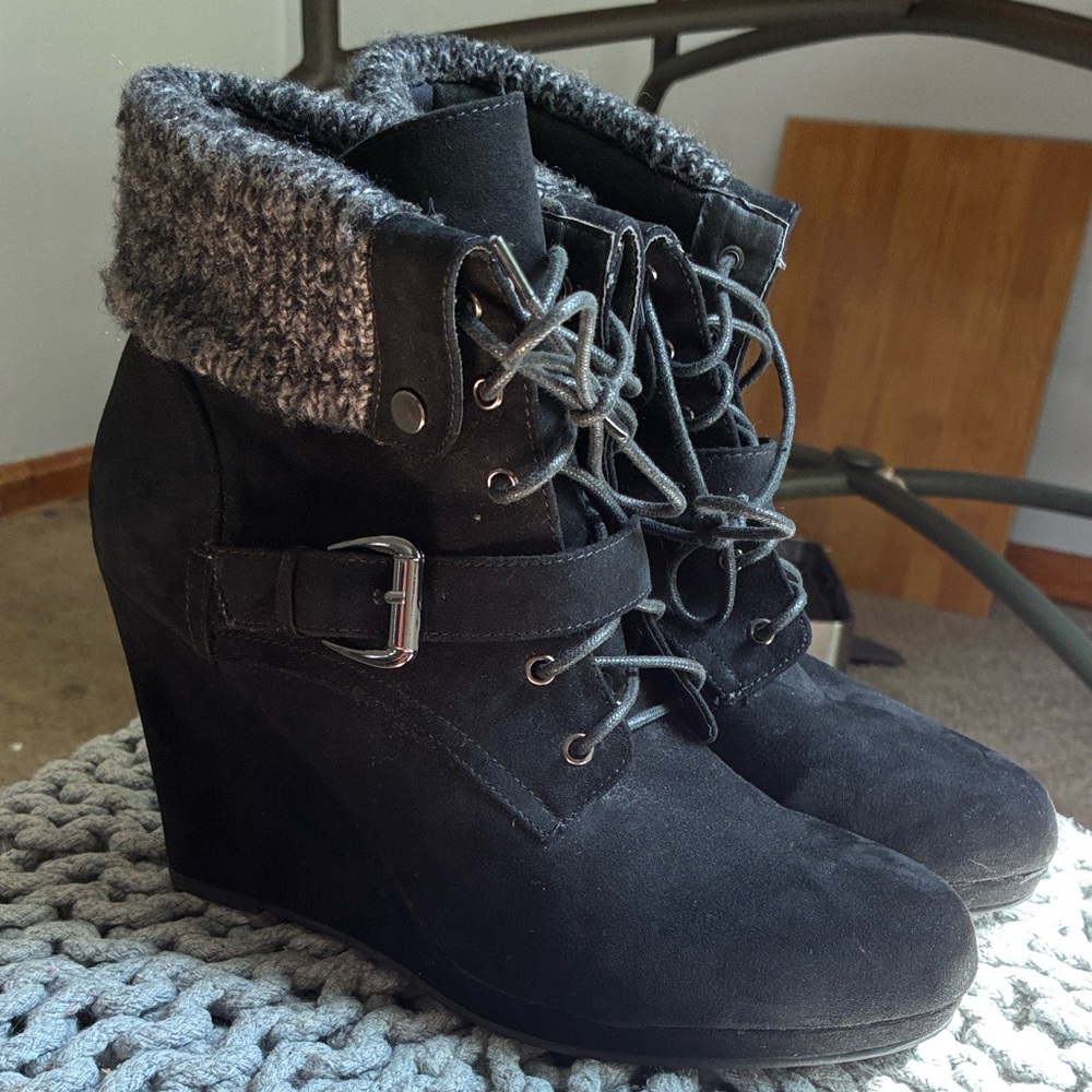 JustFab Black and Gray Lace Up Boots